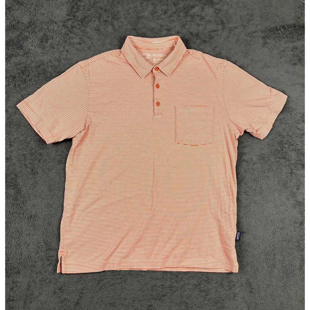 Patagonia Polo Shirt Mens M Orange Stripes Organic Cotton in Conversion Preppy